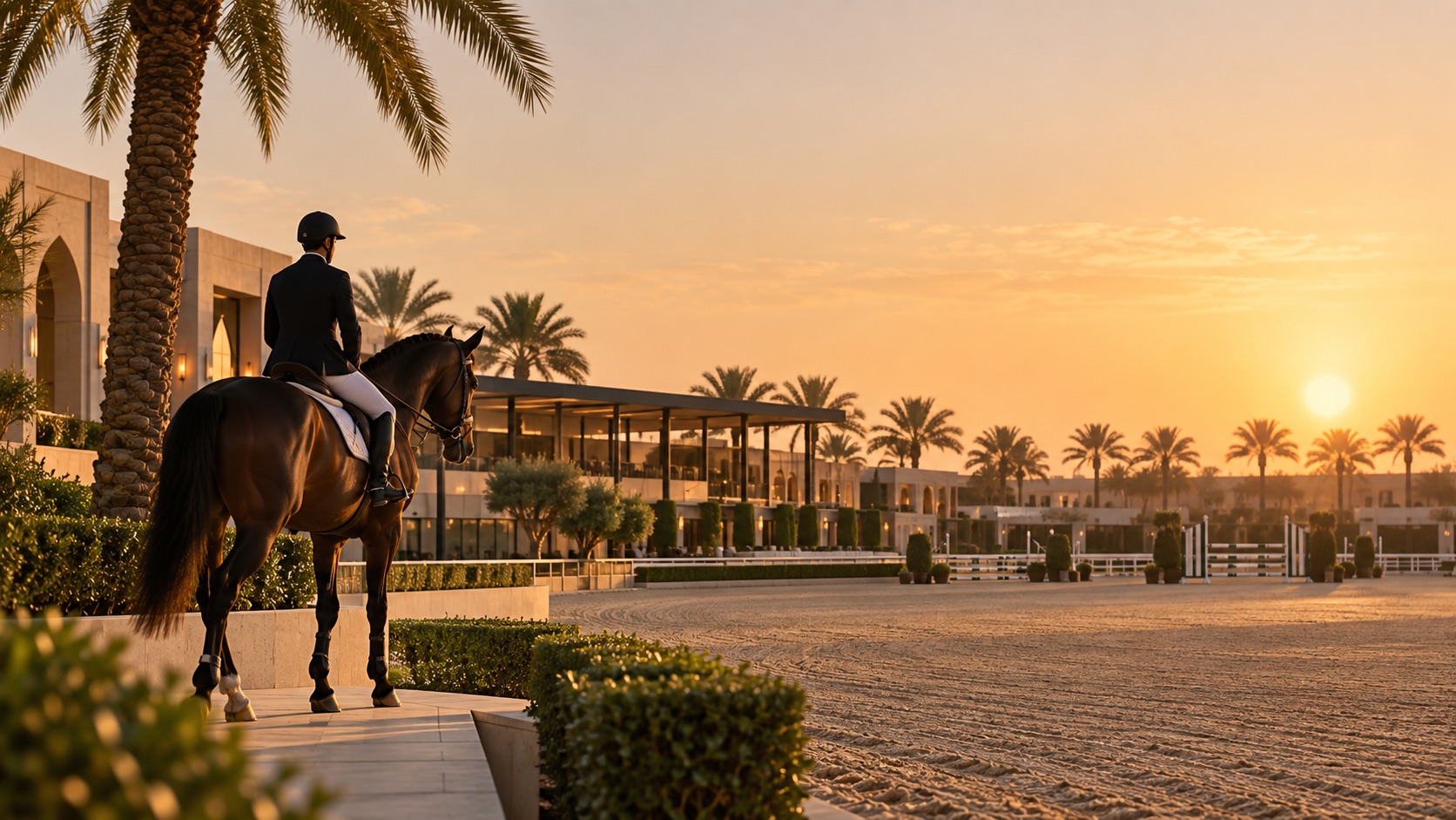 Rider overlooking a modern equestrian arena