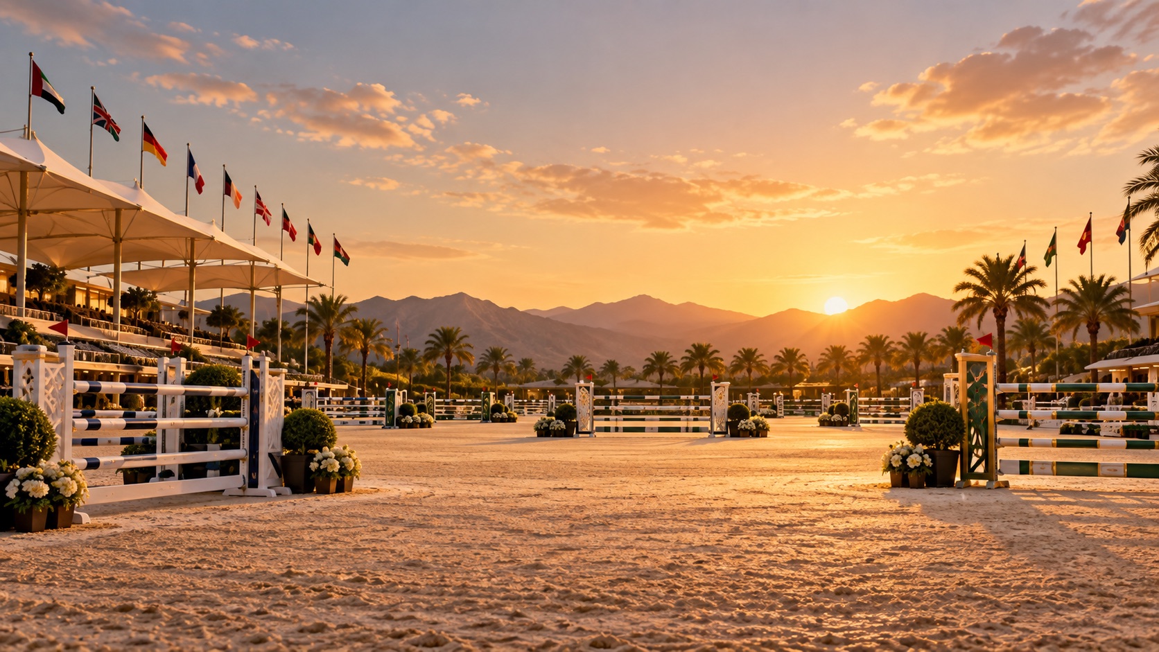 International equestrian arena at sunset